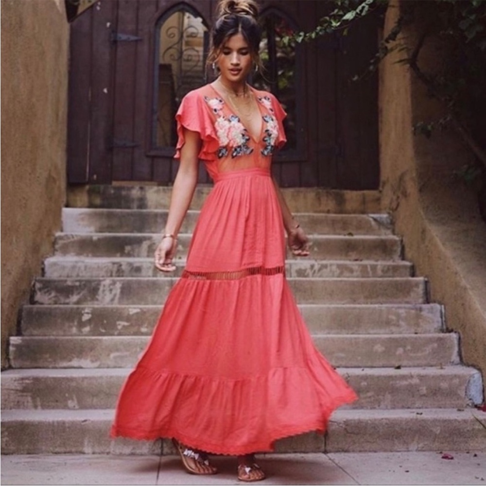Cleobella Coral Maxi Dress with Floral Embroidery